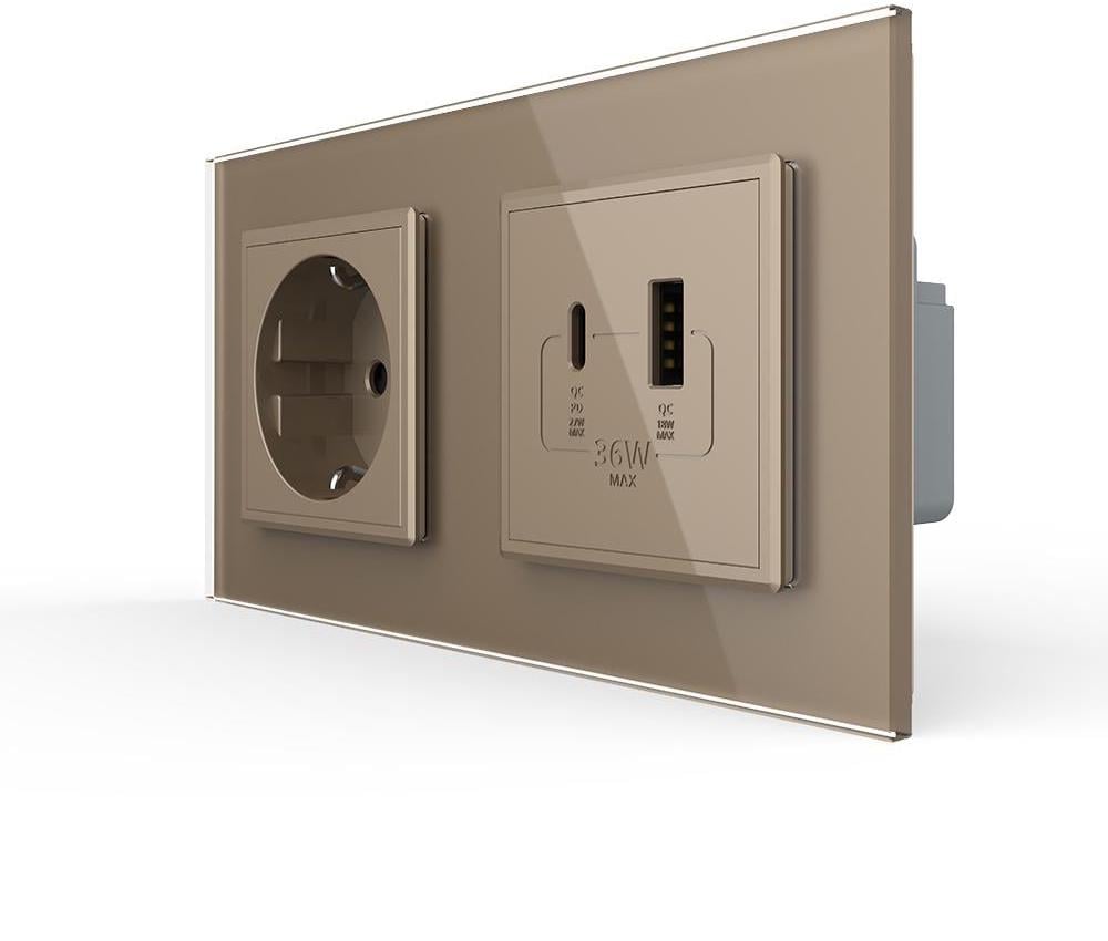 Розетка настенная LIVOLO с USB-A/USB-C Power Delivery 36W дизайнерская стеклянная рамка Золотой (VL-C7FCTC16A/FCUA18W.UC18W-4AP) Розетка настенная LIVOLO с USB-A/USB-C Power Delivery 36W дизайнерская стеклянная рамка Золотой (VL-C7FCTC16A/FCUA18W.UC18W-4AP)