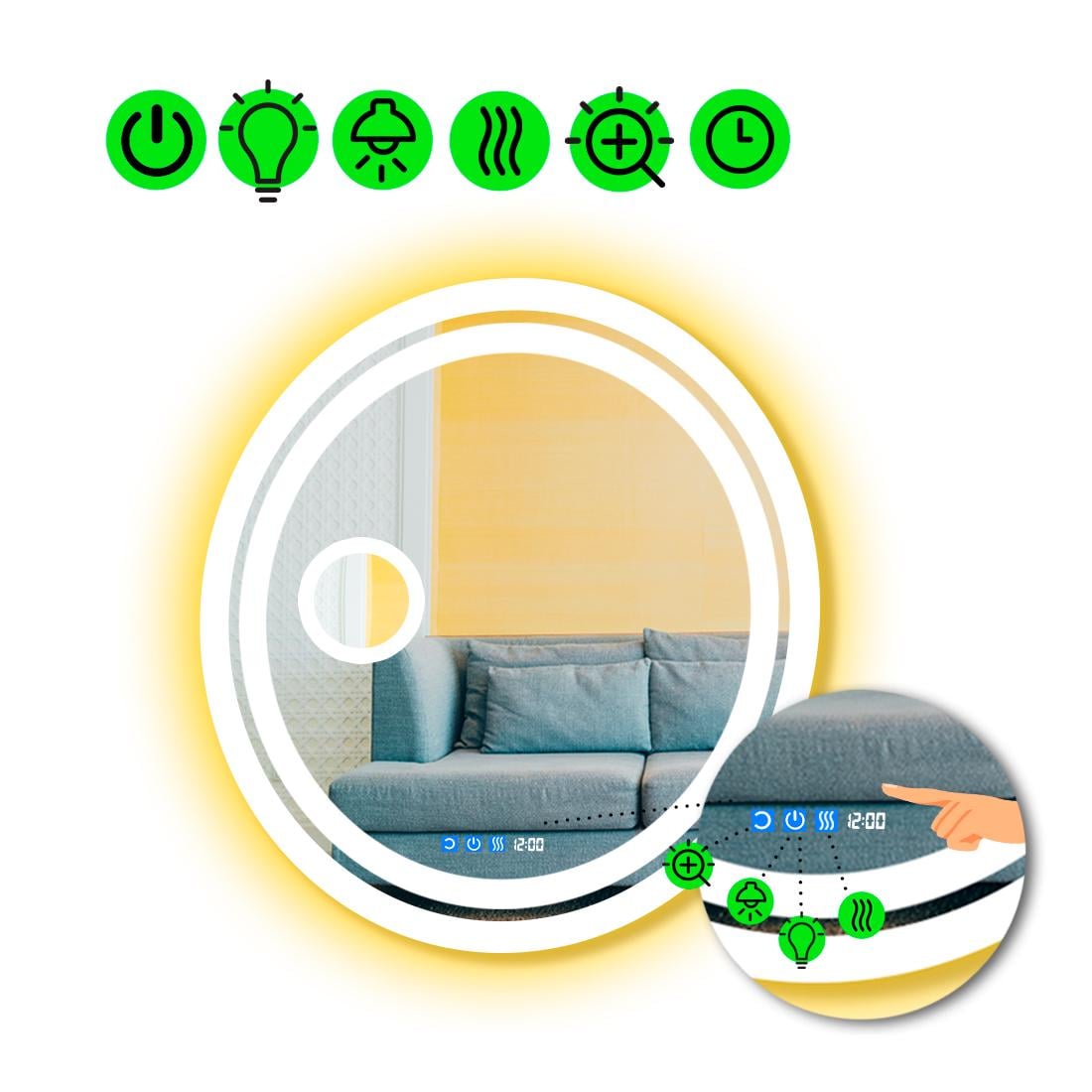 Зеркало с LED подсветкой Carla с тремя сенсорами и линзой с подсветкой 60x60 см (8776217)