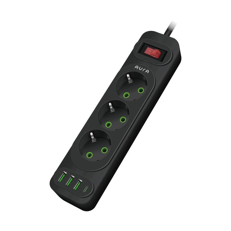 Фильтр-удлинитель сетевой Aura Energy 3/3 USB-A/USB-C/PD 2 м Black - фото 3