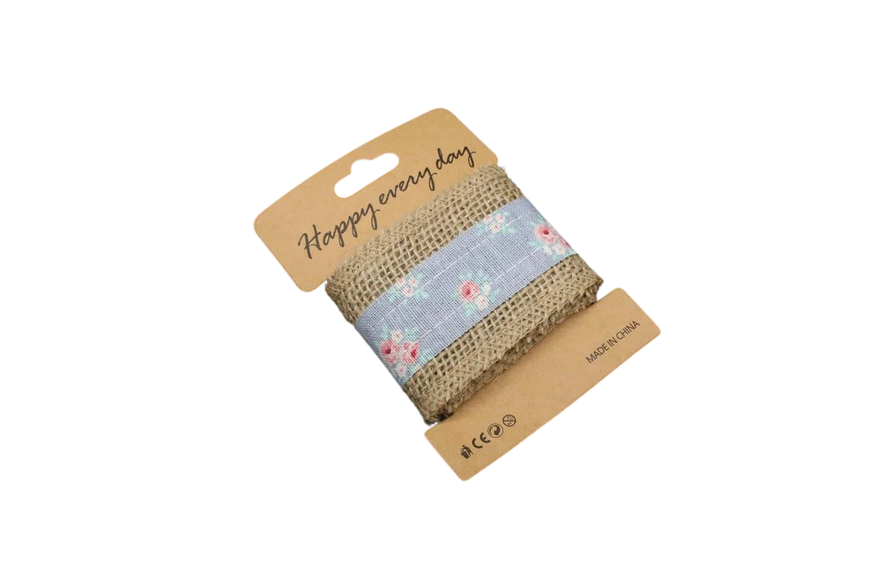 Лента из мешковины натуральная декоративная с цветочным узором 55 мм 1 м (LF-012)