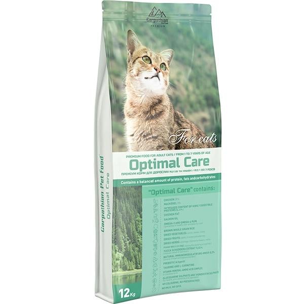 Корм для всіх порід котів Carpathian Pet Food Optimal Care від 1 до 7 років з куркою та скумбрією для виведення шерсті 12 кг (000019843)