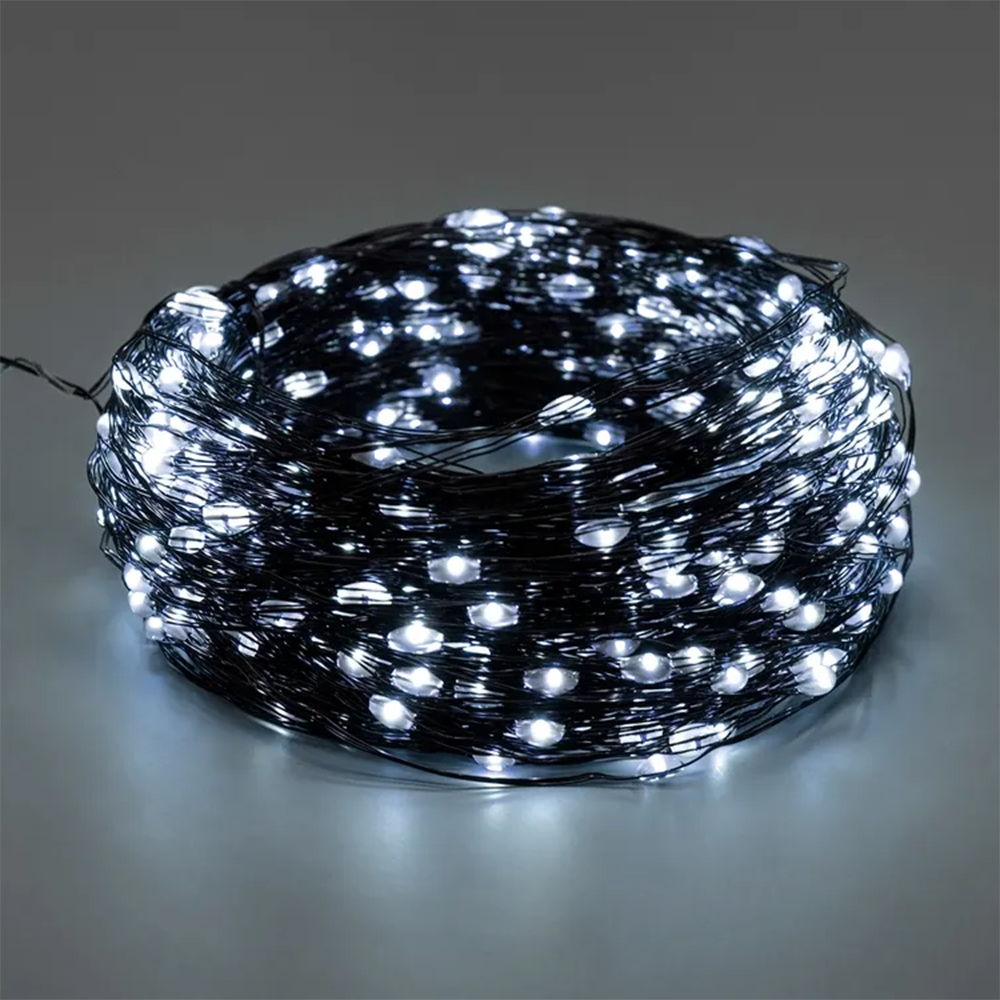 Гирлянда нить Роса 30 м с пульто м 300LED от USB зеленый провод холодный белый