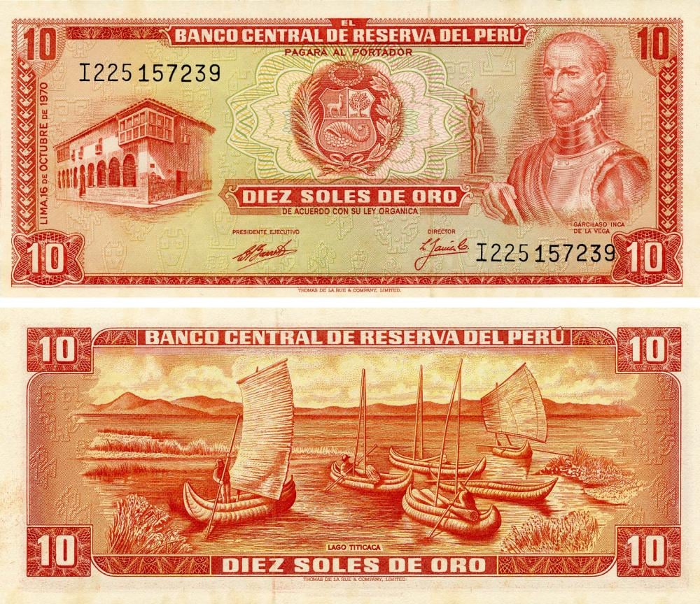 Колекційна банкнота Перу 10 сіль 1970 AU-UNC Озеро Тітікака Човни (P100) Колекційна банкнота Перу 10 сіль 1970 AU-UNC Озеро Тітікака Човни (P100)