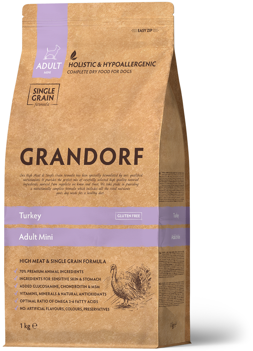 Корм для взрослых собак мелких пород Grandorf TURKEY мини с индейкой от 1 года 1 кг (93201)