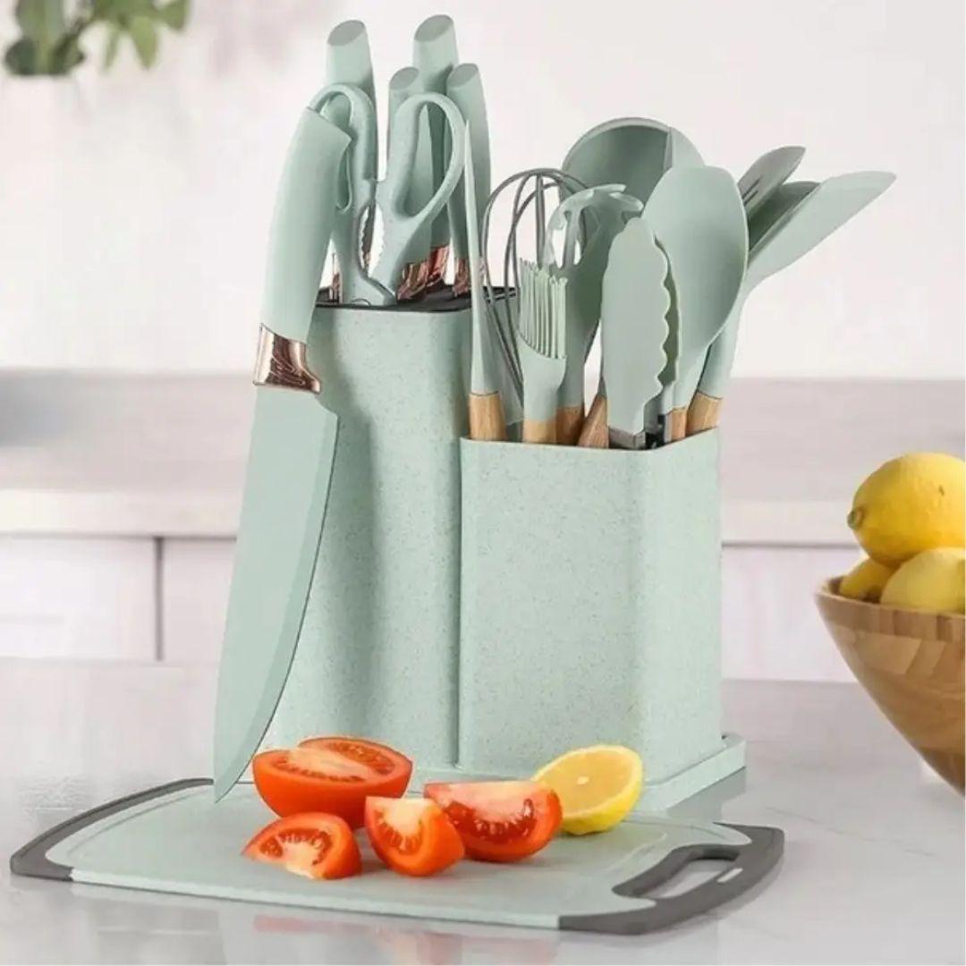 Набір кухонних аксесуарів Kitchen Set силіконові з підставкою 19 пр. Бірюзовий (BLK-18) - фото 4