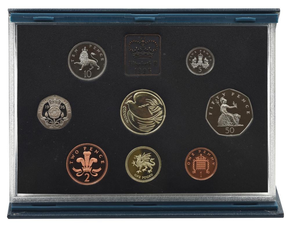 Набір колекційних монет Великобританія 8 монет 1995 Proof 1/2/5/10/20/50 пенсів 1/2 фунти у сувенірному пакуванні (М23767)