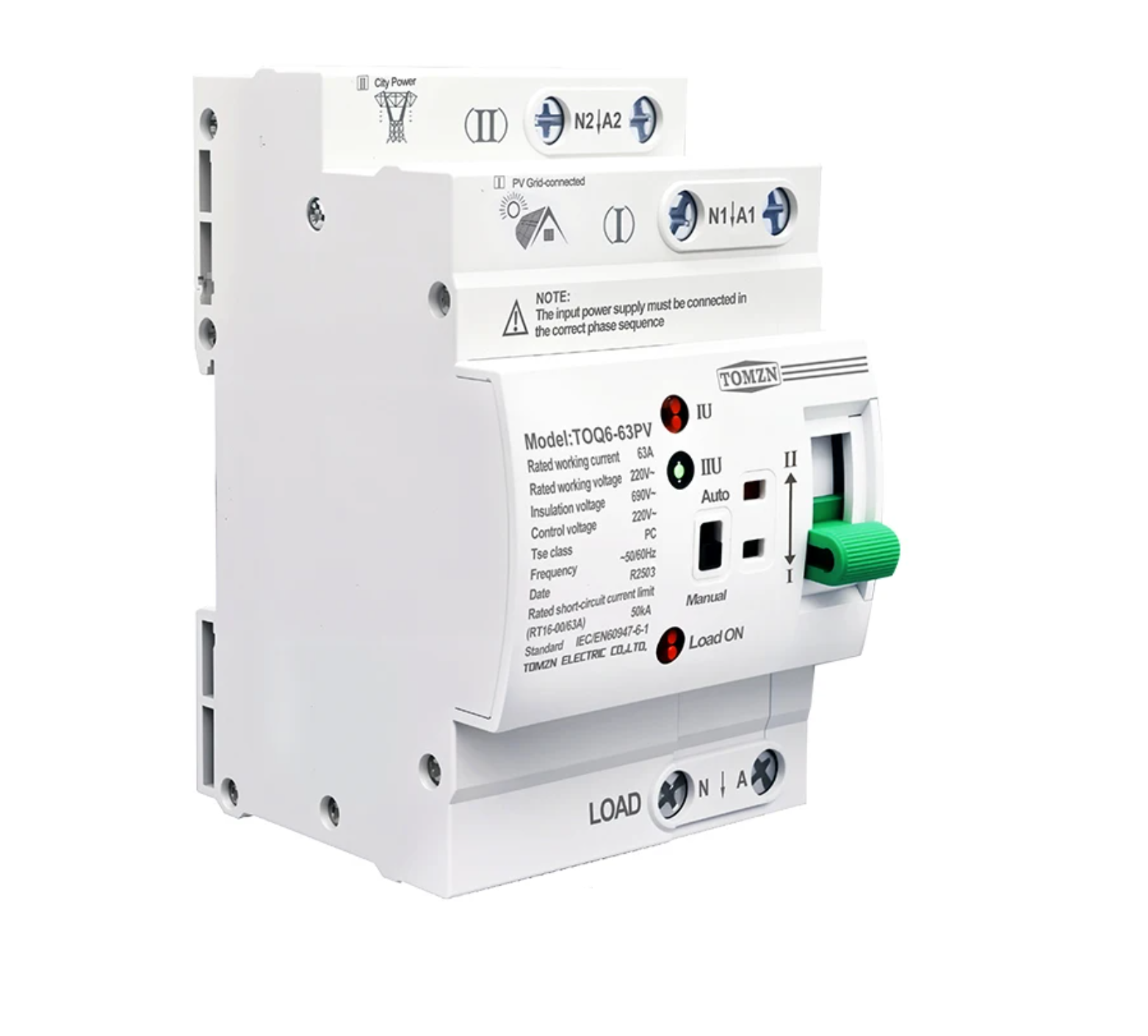 Автомат ввода резерва TOMZN 2p63A TOQ6-63/2 PV однофазный