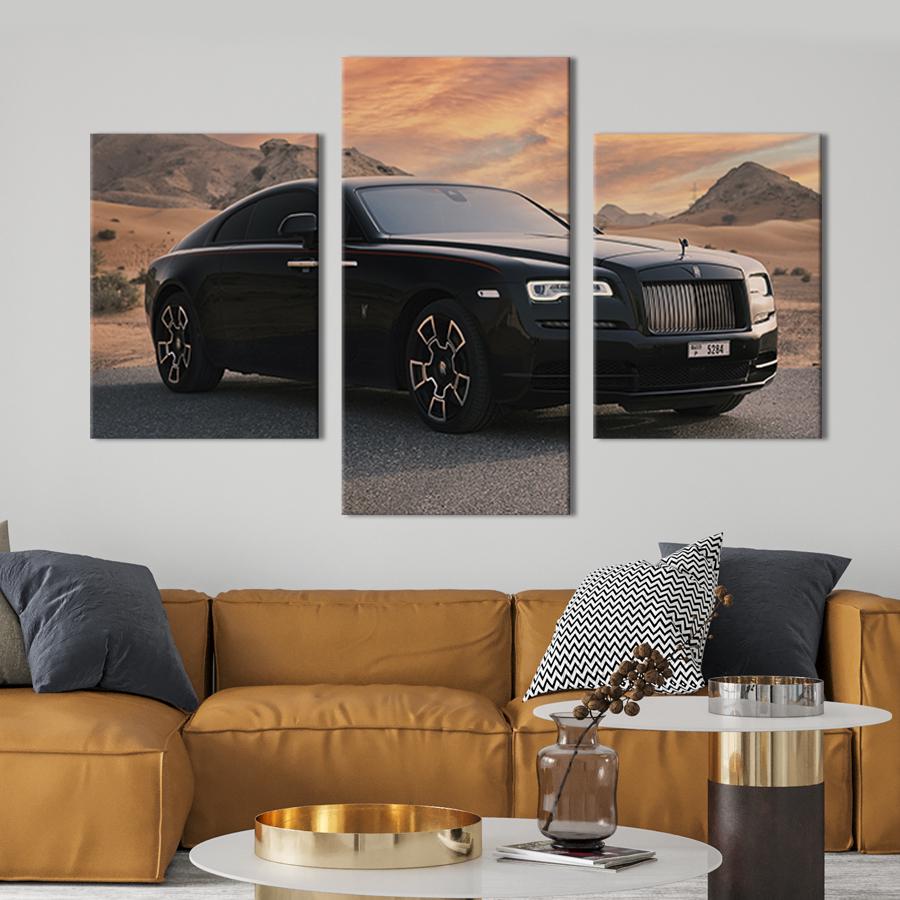 Картина для интерьера Черный Rolls-Royce в пустнынном пейзаже 141x90 см (124-32)