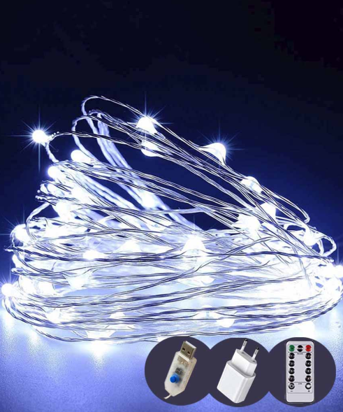 Гирлянда Роса 200 LED 20 м с зеленым проводом реле 8 режимов/USB и пульт Белый (FFJ00162)