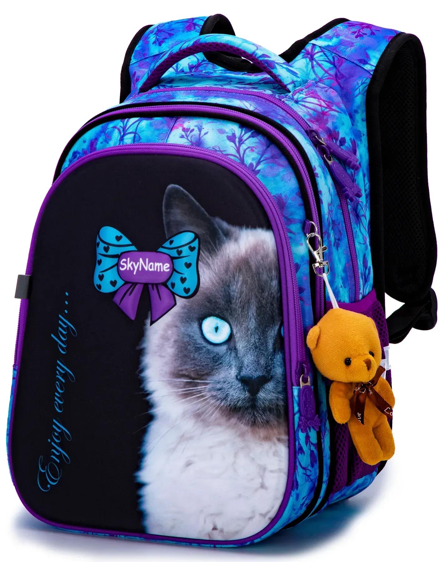 Школьный рюкзак для девочки Winner One SkyName Кошка 6-13 лет ортопедическая спинка Черно-фиолетовый (R1-023)