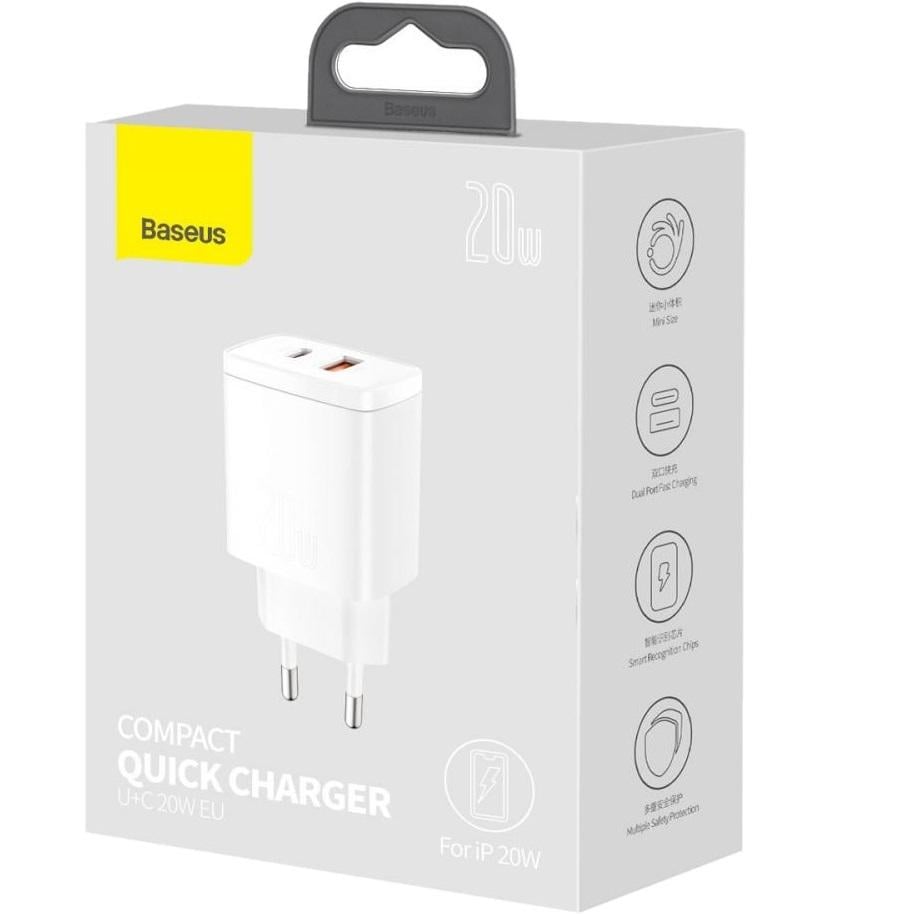 Зарядное устройство сетевое Type-C USB 20W BASEUS Compact Quick Charger White (CCXJ-B02) - фото 8