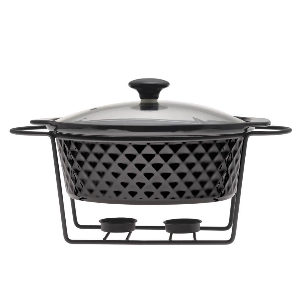 Мармит со стеклянной крышкой и металлической подставкой Kamille KM-6425 керамический 1,5 л Черный (150-84-6425)