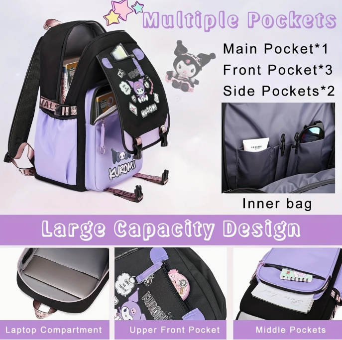 Школьный рюкзак для девочки KUROMI в японском стиле с помпоном и USB-кабелем (991944488) - фото 4 Школьный рюкзак для девочки KUROMI в японском стиле с помпоном и USB-кабелем (991944488) - фото 4