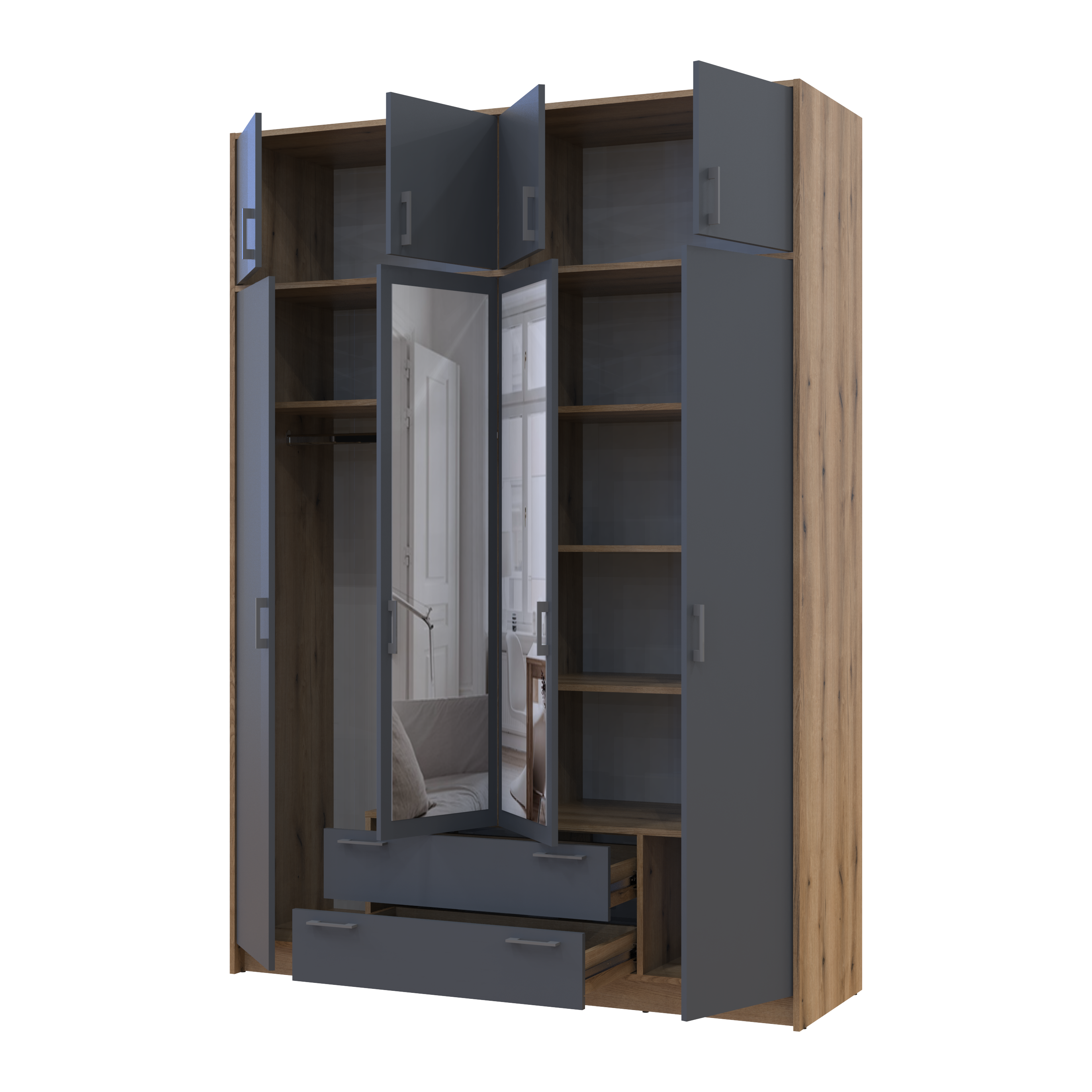 Шкаф для одежды с зеркалом и антресолей Ронди 4 ДСП 160х52х236 см Дуб Артизан/Графитовый (80737830)