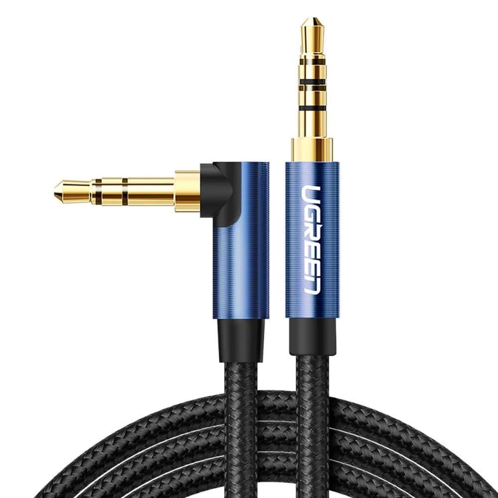Кабель UGREEN AV112 Angled Cable 3,5 мм 3,5 мм Male Cable Gold Plated Metal Case with Braid 1 м Blue (60179)