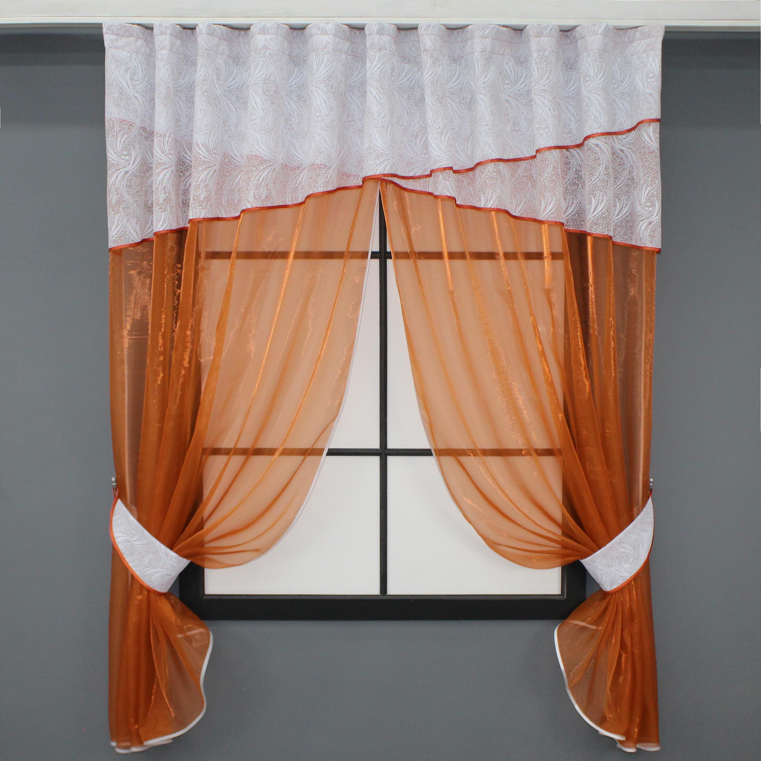 Кухонні штори VR-Textil № 091к з ламбрекеном і підв'язками 270х170 см Теракотовий/Білий (52-0802)