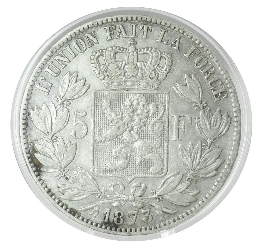 Коллекционная монета Бельгия 5 франков 1873 серебро F-VF Ag 900 25 г (М23740)