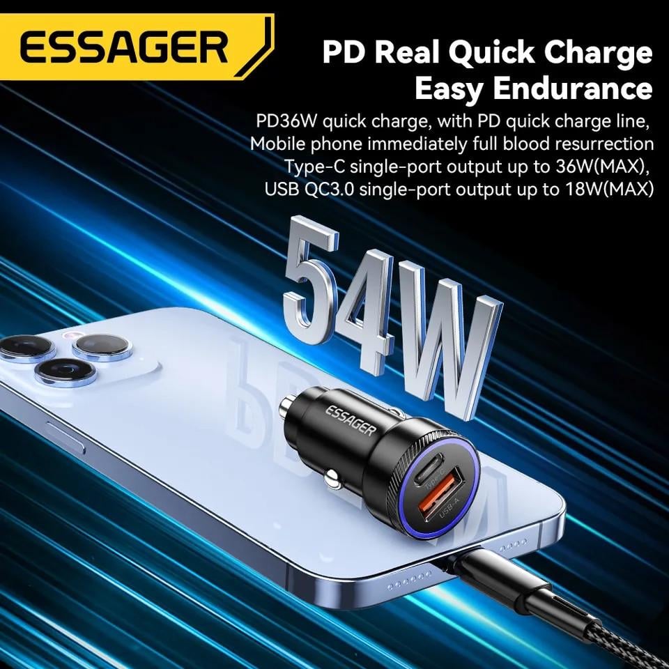 Зарядний пристрій автомобільний Essager Type-c 36w/USB qc 3.0 18w Metall 54W (25397275) - фото 10