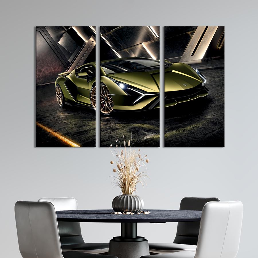 Картина на холсте триптих Стильный оливковый цвет Lamborghini 78x48 см (1338-31)