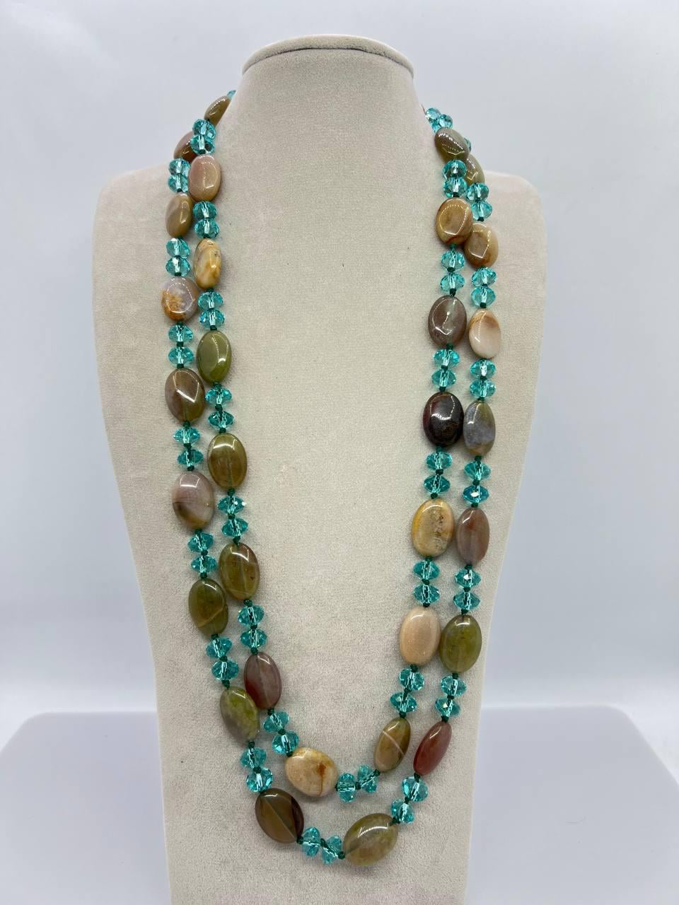 Бусы моховый агат и хрусталь 120 см Зеленый (10976)