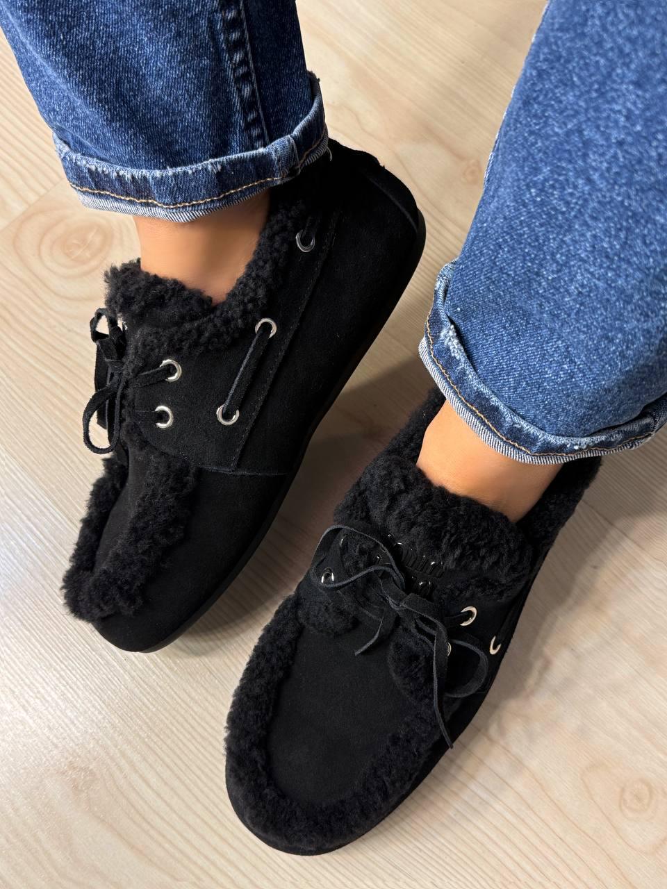 Ботинки женские Hengji 992-1 замшевые мокасины на меху с опушкой р. 38 Черный (5484)