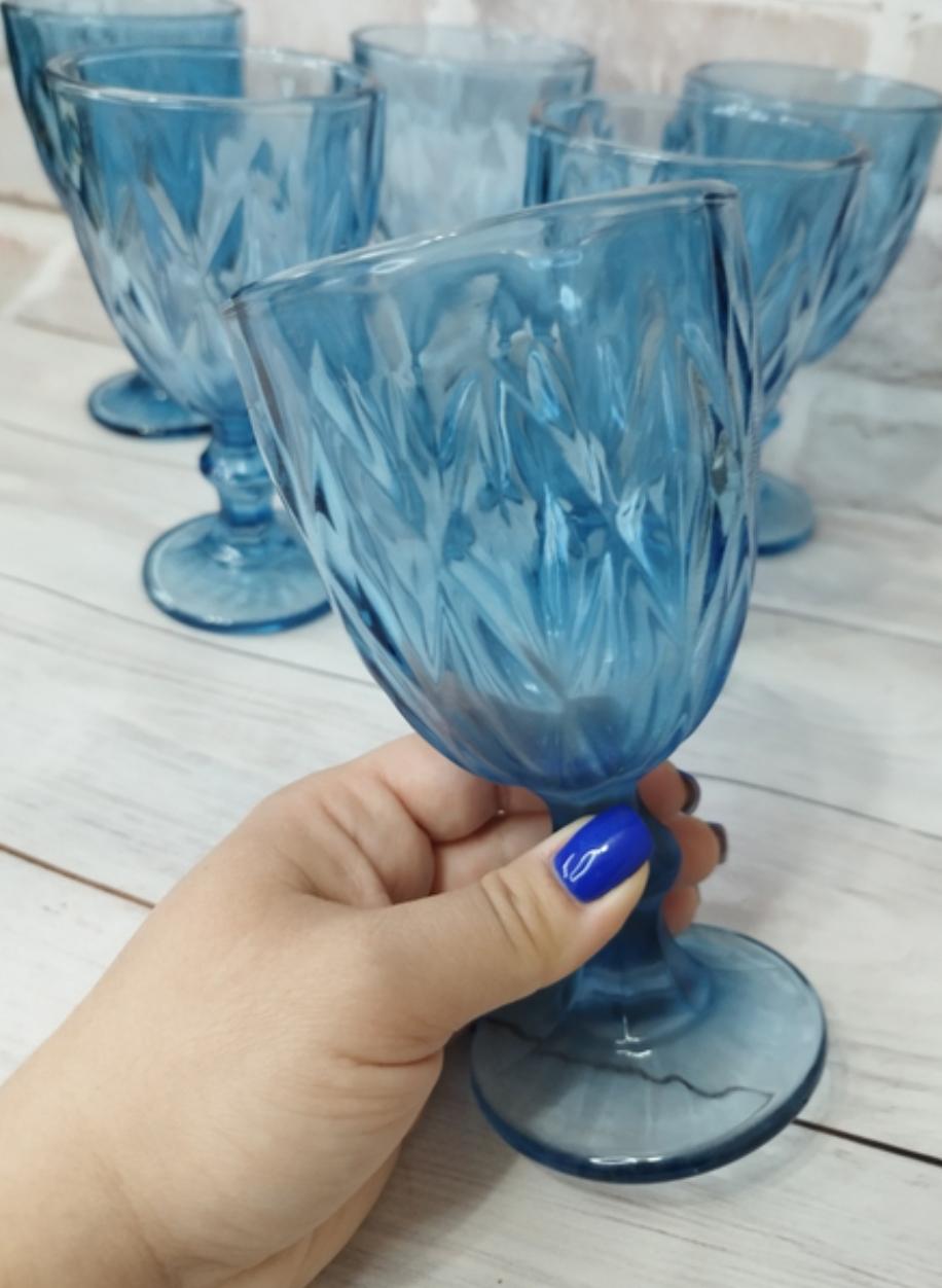 Набір келихів для вина TS Kitchen HP035BL з товстого скла гранованих фігурних 6 шт. по 300 мл Блакитний (HP035BL) - фото 2 Набір келихів для вина TS Kitchen HP035BL з товстого скла гранованих фігурних 6 шт. по 300 мл Блакитний (HP035BL) - фото 2