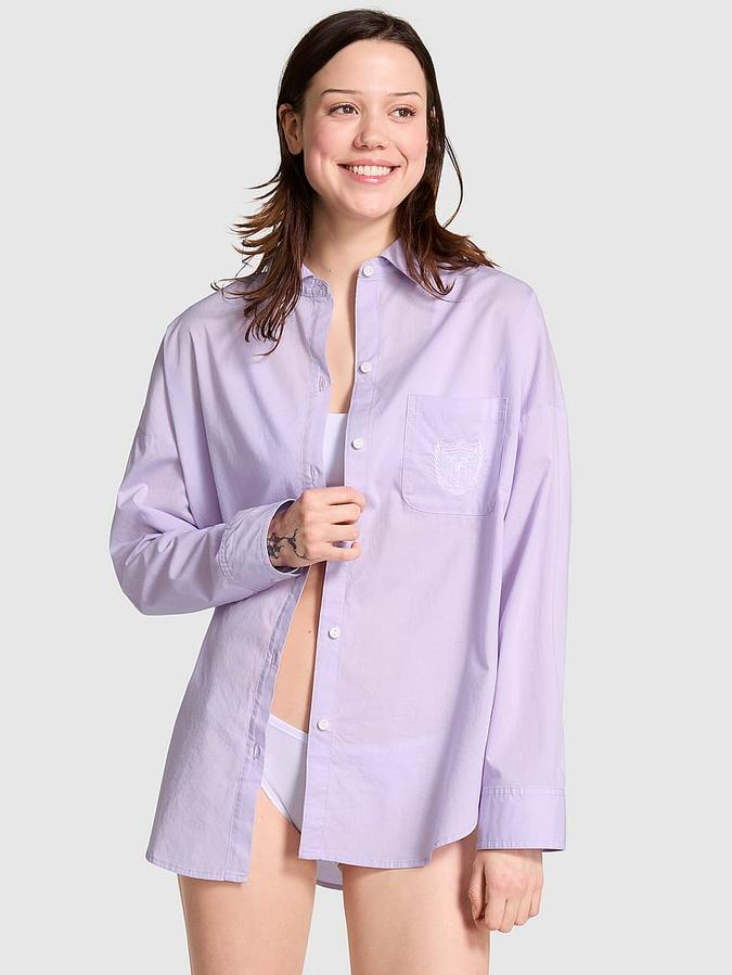 Сорочка Victoria's Secret Cotton Poplin Oversized Button-Down Sleepshirt бавовняна М Бузковий (19575014)