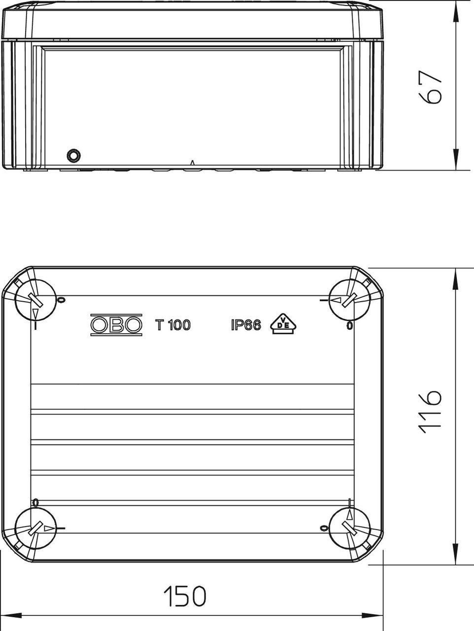 Распределительная коробка OBO bettermann Т100 наружная IP66 PP 150х116х67 мм (2007255) - фото 2