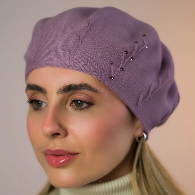 Берет женский Lirus Ветка двойной с узором сбоку и стразами one size Темно-сиреневый (281864)