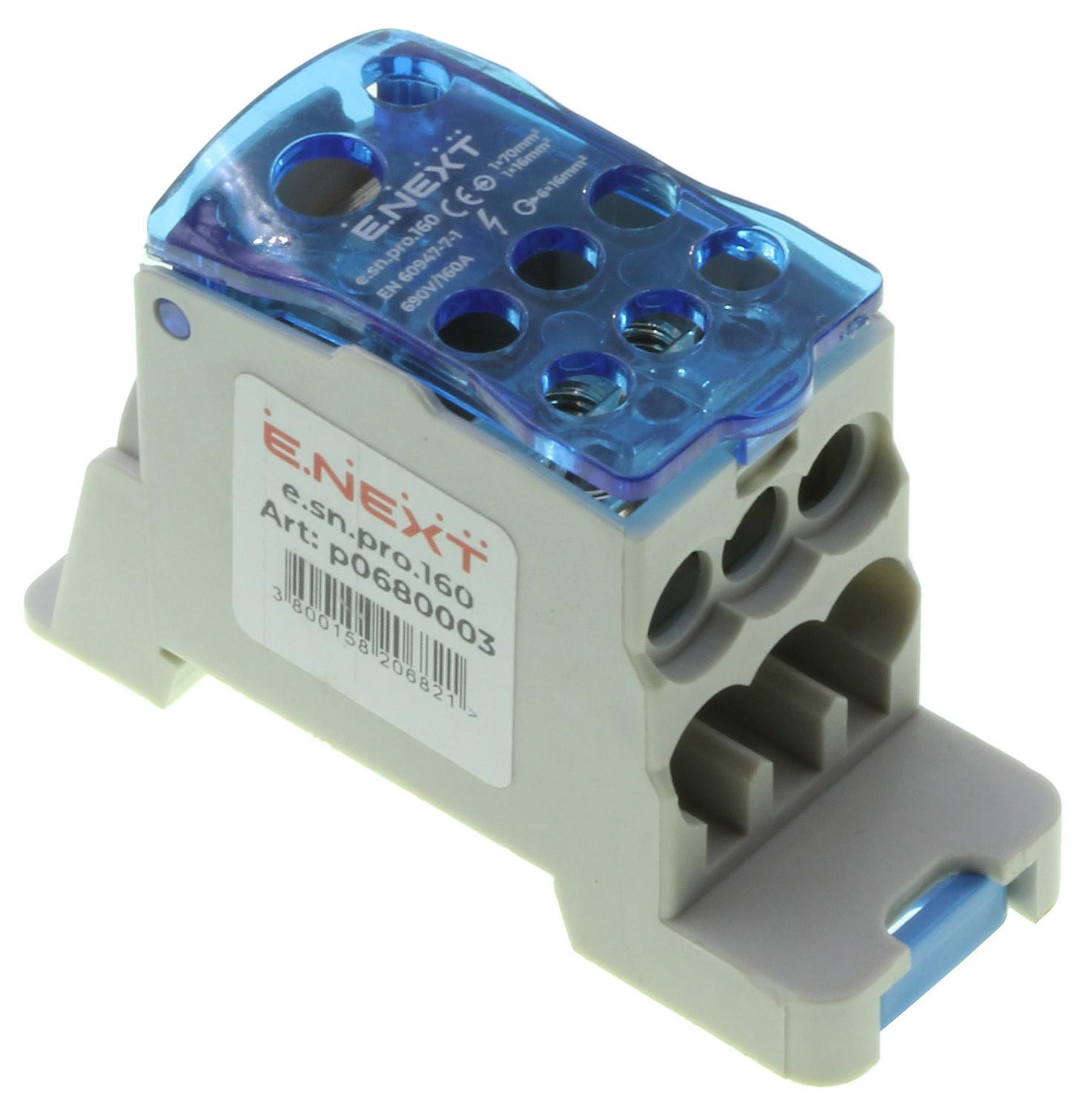 Блок розподільний E.NEXT e.sn.pro 160А на DIN-рейку вхід 1х70 мм/1х16 мм/вихід 6х16 мм (p0680003)