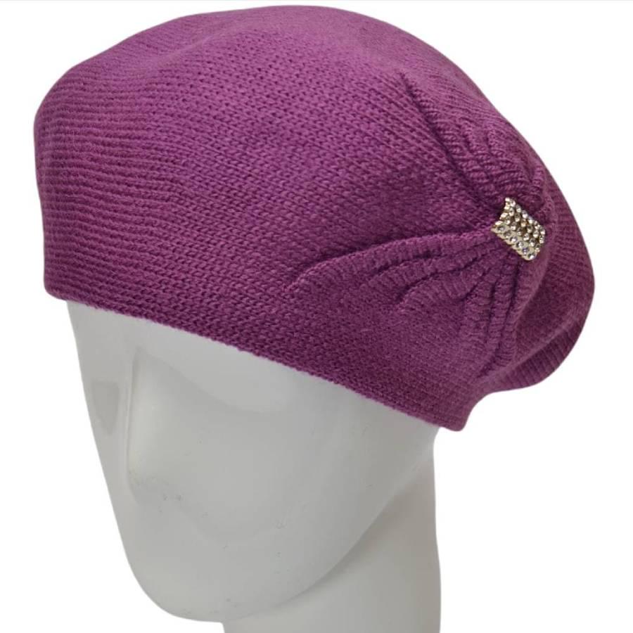 Берет женский Lirus Бонжур из шерсти двойной с узором сбоку и брошью Сиреневый