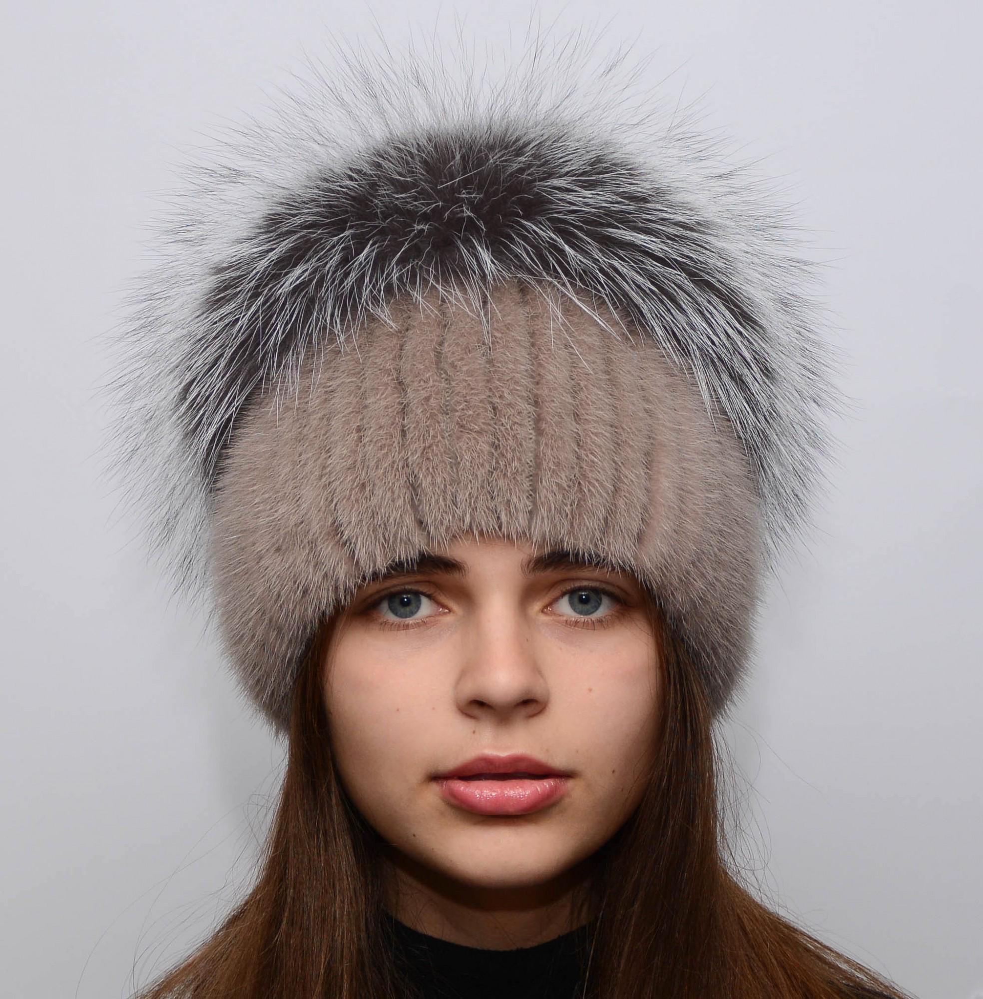 Зимняя шапка Меховой стиль Звездочка из вязаной норки натуральный мех M-L Какао (100/G)