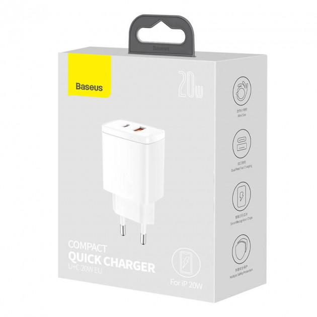 Зарядний мережевий пристрій Baseus CCXJ-B02 Compact Quick Charger PD+QC3.0 20 W 1USB 3A White - фото 3