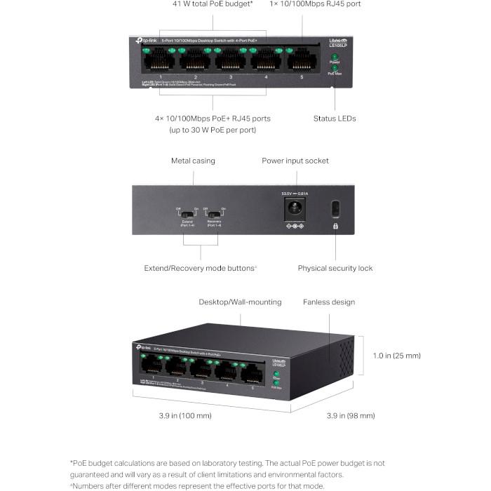 Коммутатор неуправляемый TP-Link LiteWave LS105LP 1 Gbps 4xPoE 41W Black (30492147) - фото 8