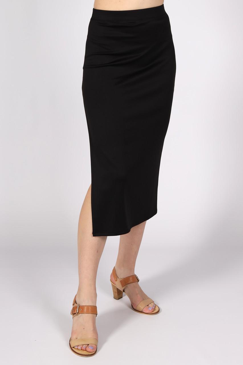 Спідниця міді жіноча нижче коліна трикотажна з розрізом збоку однотонна р. 38 Чорний (2495210986) - фото 1