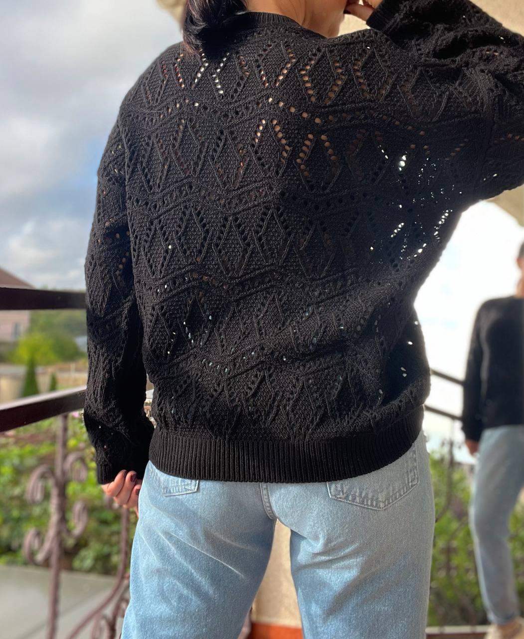 Светр жіночий MIX RAY 6772 ажурна в'язка сітка ромби OS Чорний (1184) - фото 4