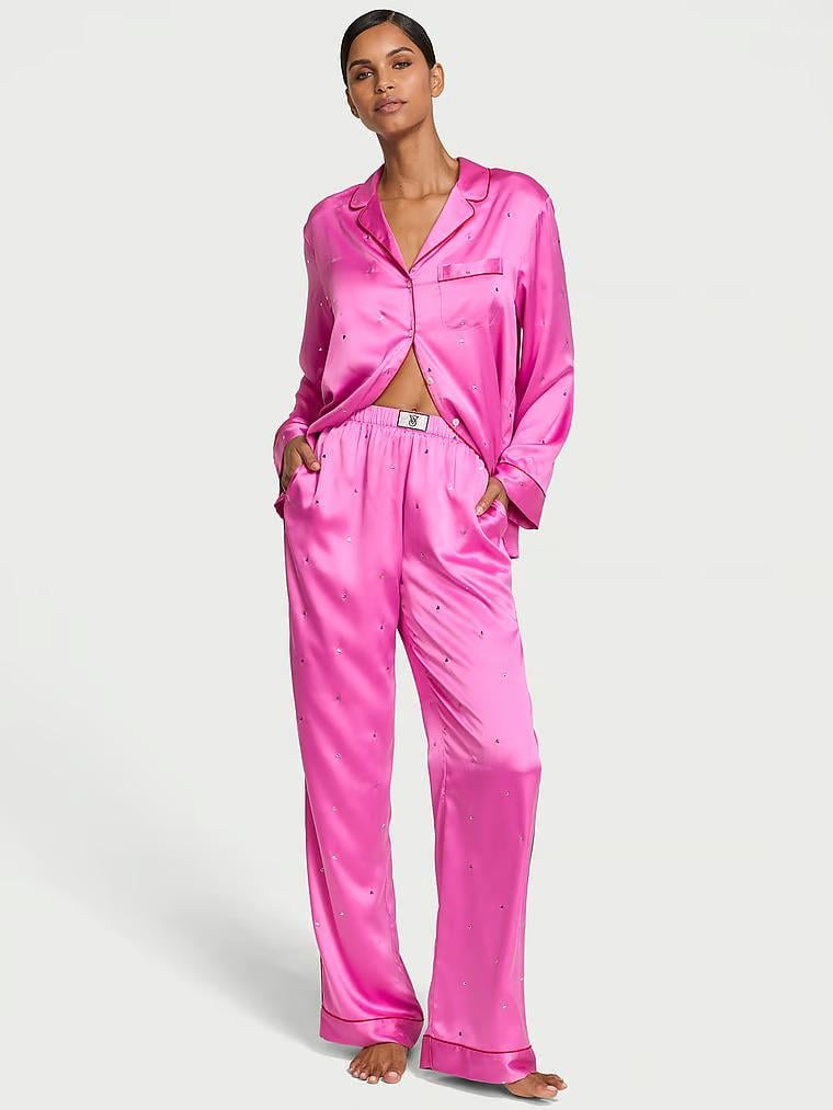 Піжама сатинова сорочка/штани Victoria's Secret Satin Dew Drop Heart Long Pajama Set Regular XS Рожевий (26989905)