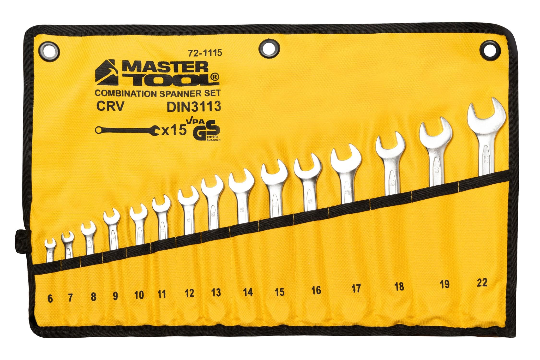 Ключи комбинированные MasterTool COLD FORGED 15 шт. 6–19/22 мм 31CrV3 DIN 3113 в чехле 72-1115