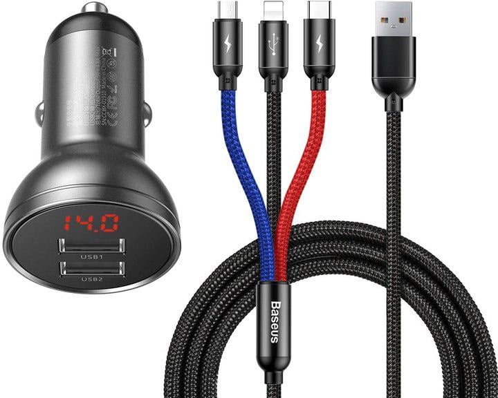 Зарядний пристрій в автомобіль Baseus Digital Display Dual USB 4.8 A 24W with Three Primary Colors 3in1 Gray (TZCCBX-0G)