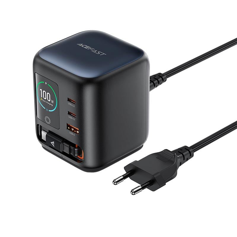 Зарядное устройство настольное Acefast Z10 GaN 100W 3xUSB-C+1xUSB-A с выдвижным кабелем Type-C и TFT-дисплеем Black