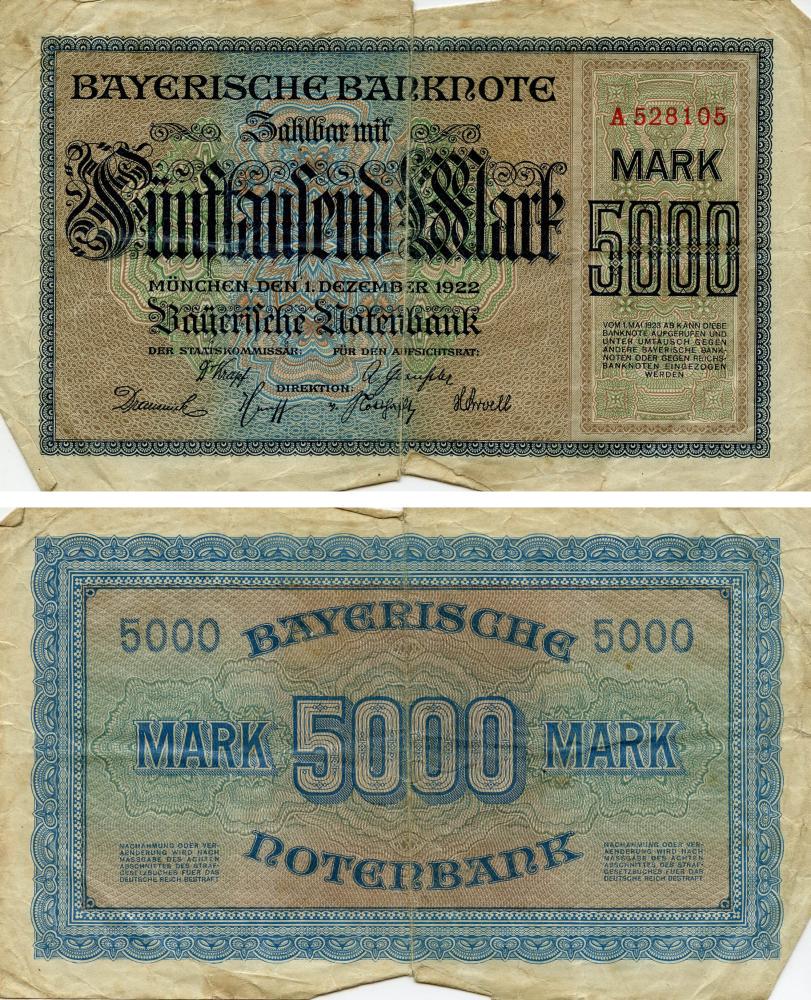 Колекційна банкнота Німеччина Нотгельд 5 000 марок 1922 G-VG Мюнхен (Б18891)