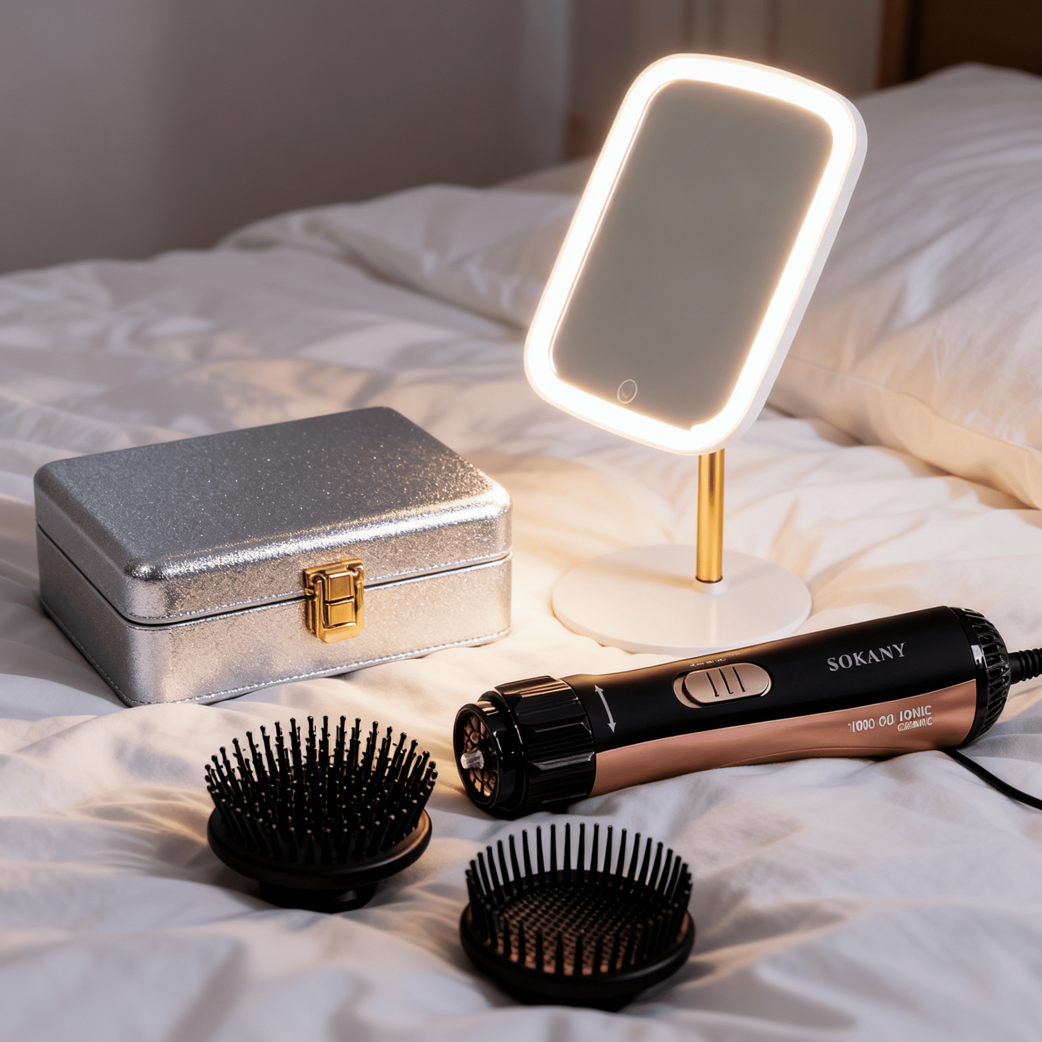 Подарочный бокс набор для женщин Sokany фен-стайлер с 2 насадками/ящик органайзер для украшений/зеркало с LED Черный и розовый (CP2026-8) Подарочный бокс набор для женщин Sokany фен-стайлер с 2 насадками/ящик органайзер для украшений/зеркало с LED Черный и розовый (CP2026-8)