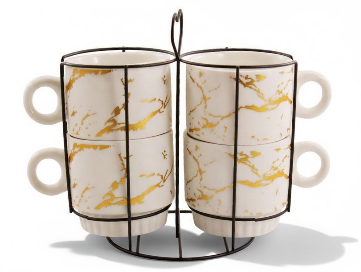 Набір чашок порцелянових на стійці Interos Білий мармур 250 мл 4 шт. (676-8)