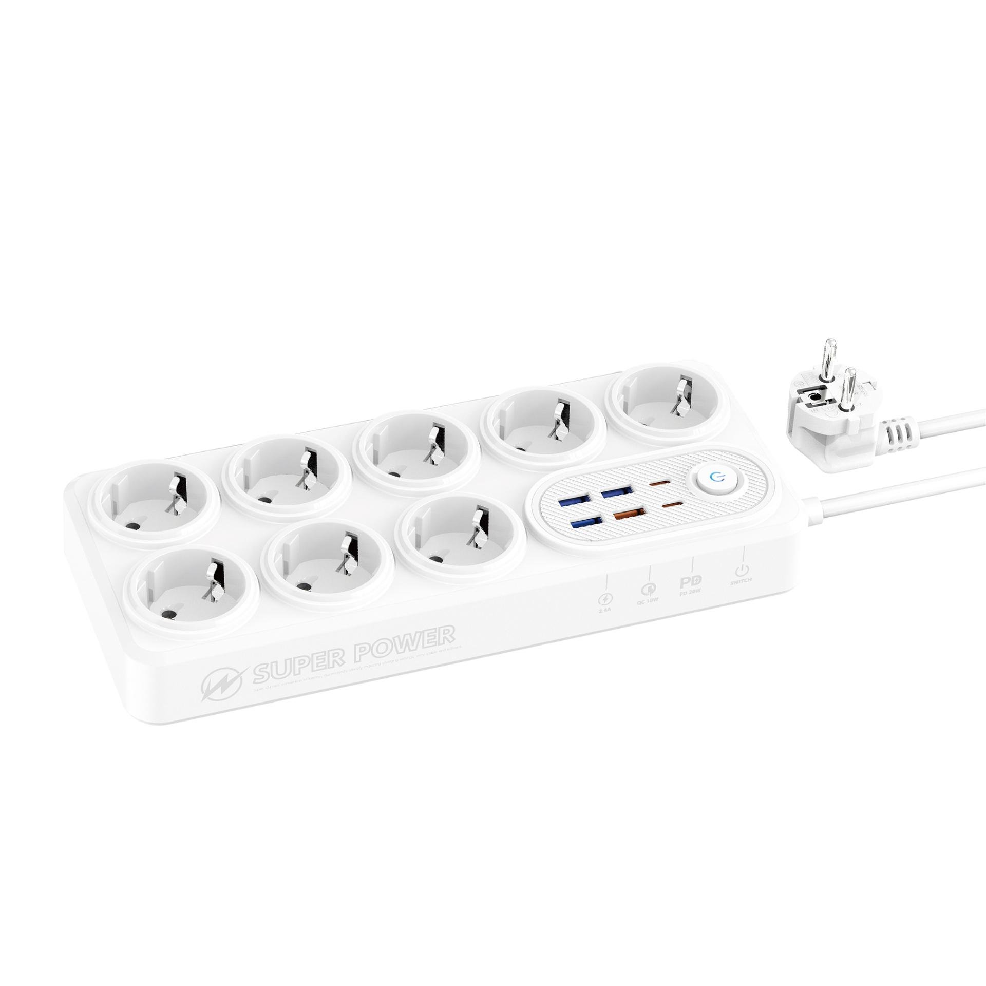 Удлинитель с защитой от перенапряжения Moxom MX-ST22 14в1 Power Strip с 2 PD/QC 2500 Вт 8 розеток и 3 USB для нескольких устройств 2 м Белый
