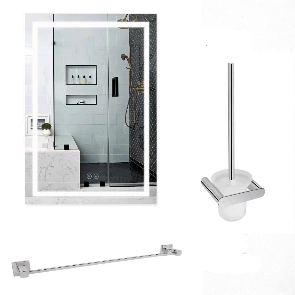 Комплект для ванної Qtap з LED-дзеркалом 600х800 мм Touch з антизапотіванням/йоржик і латунний тримач рушників Qtap 60 см