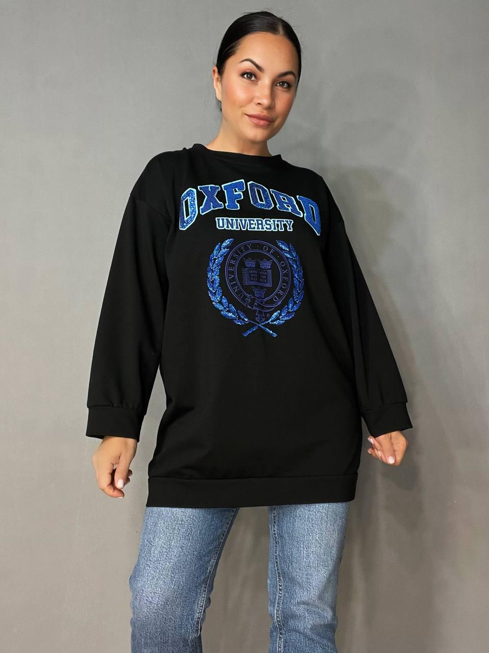 Свитшот женский LSK 6011 удлиненный туника вышивка спереди OXFORD пайетки OS Черный (1870) - фото 4