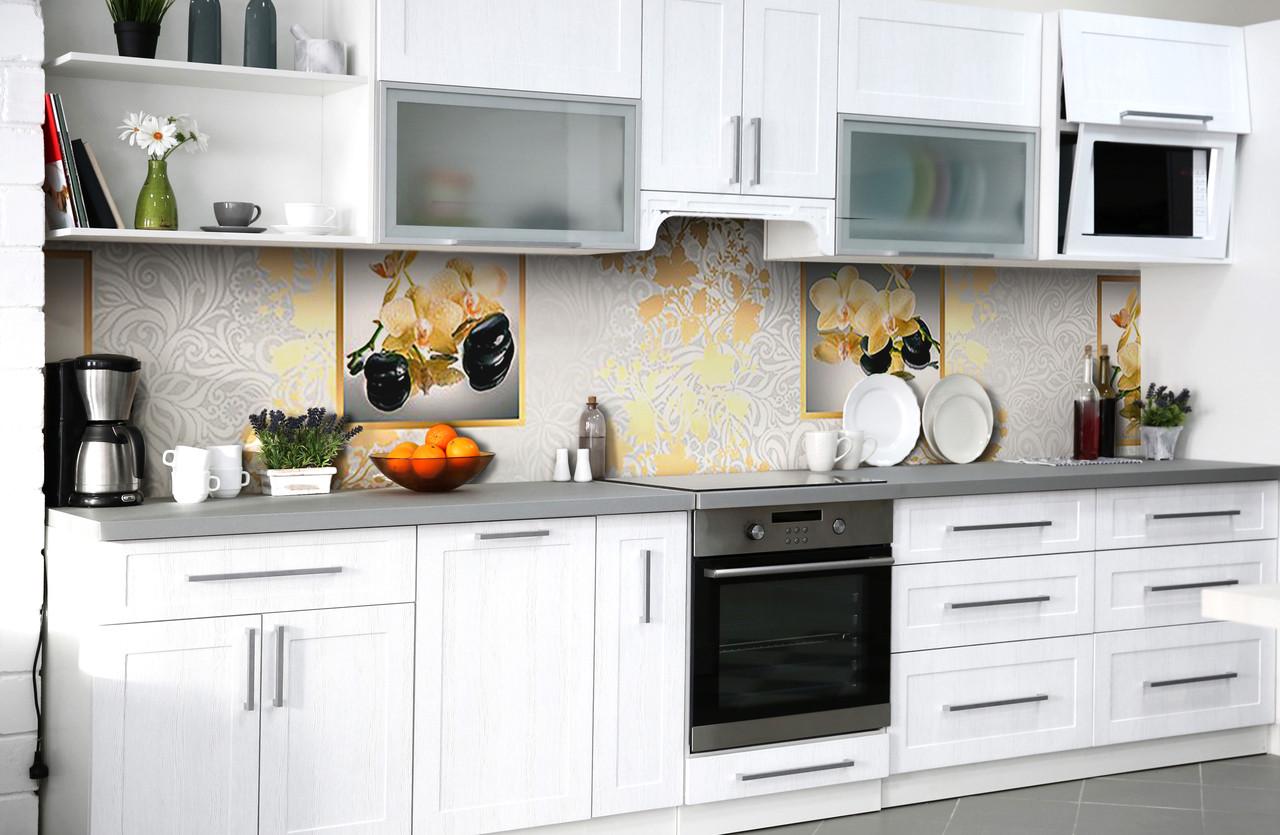 Кухонный фартук Золотой орнамент орхидеи из самоклеящейся виниловой пленки 60х300 см Серый