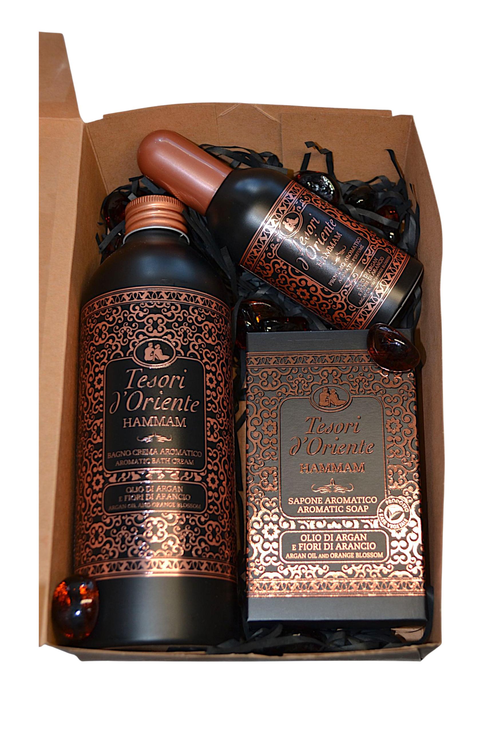 Набор парфюмированных средств Tesori d`Oriente Hammam для ухода арома и спа-сеанса 3 позиции в крафтовой упаковке (011113)