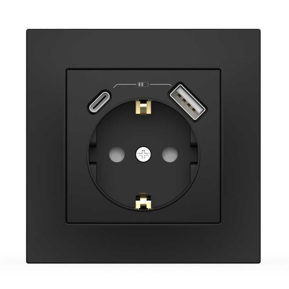 Розетка EL-BI VEGA 1-я с заземлением + 2 USB/Type C+A Черный матовый (510-014800-334)