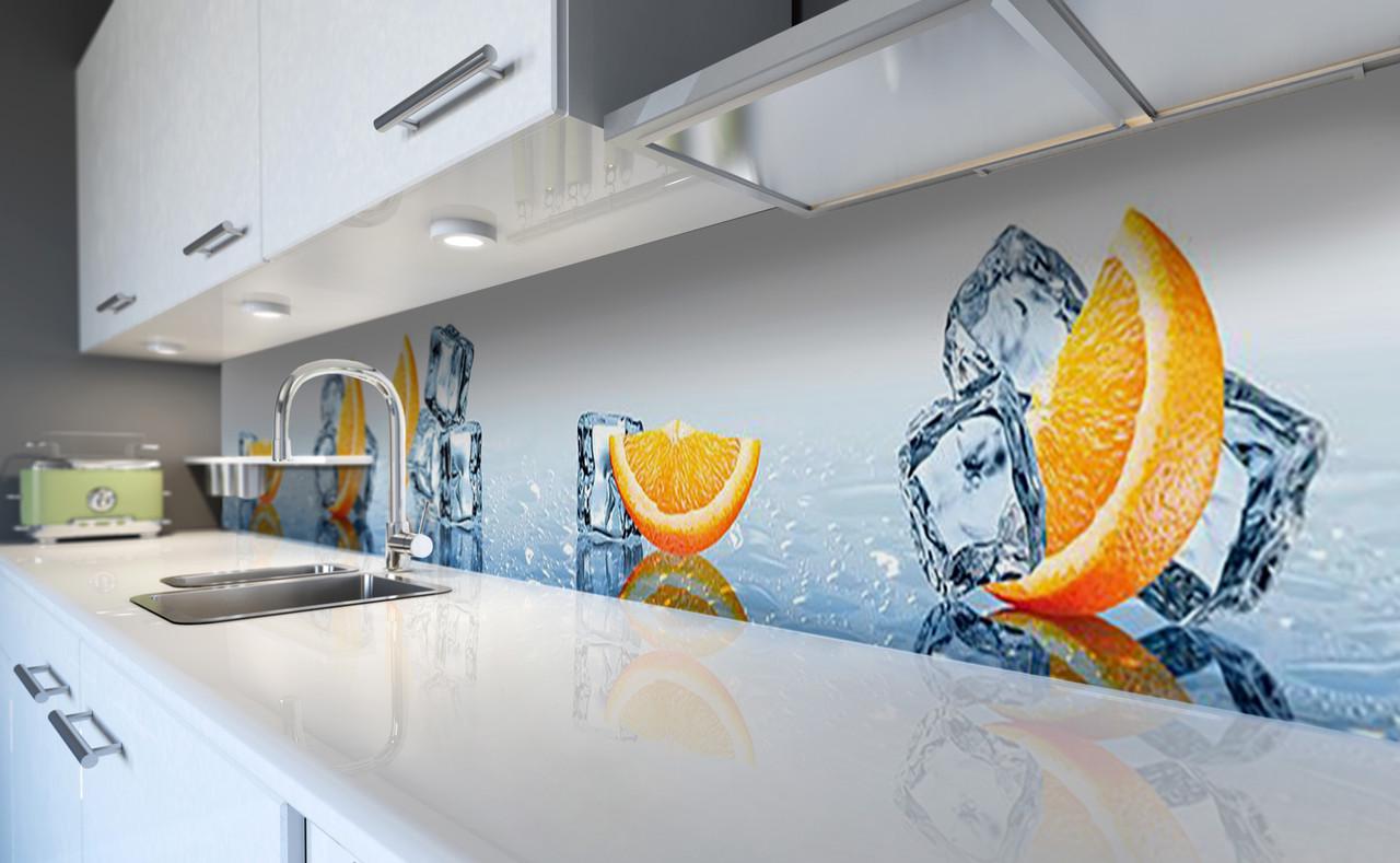 Кухонный фартук Долька апельсина и лед кубики из самоклеющейся виниловой пленки 65х250 см Голубой